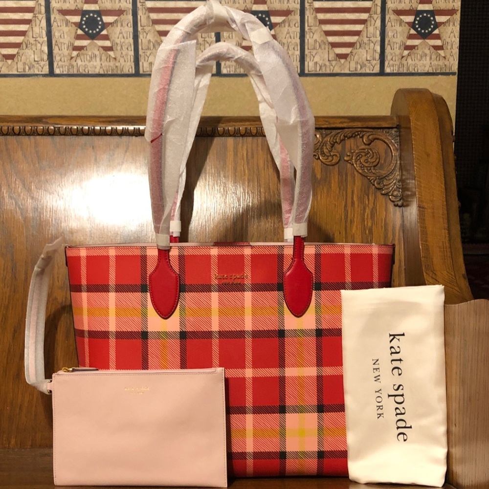 NWT-Kate Spade-Bleeker Museum Plaid-Large Tote-Engine Red-$278